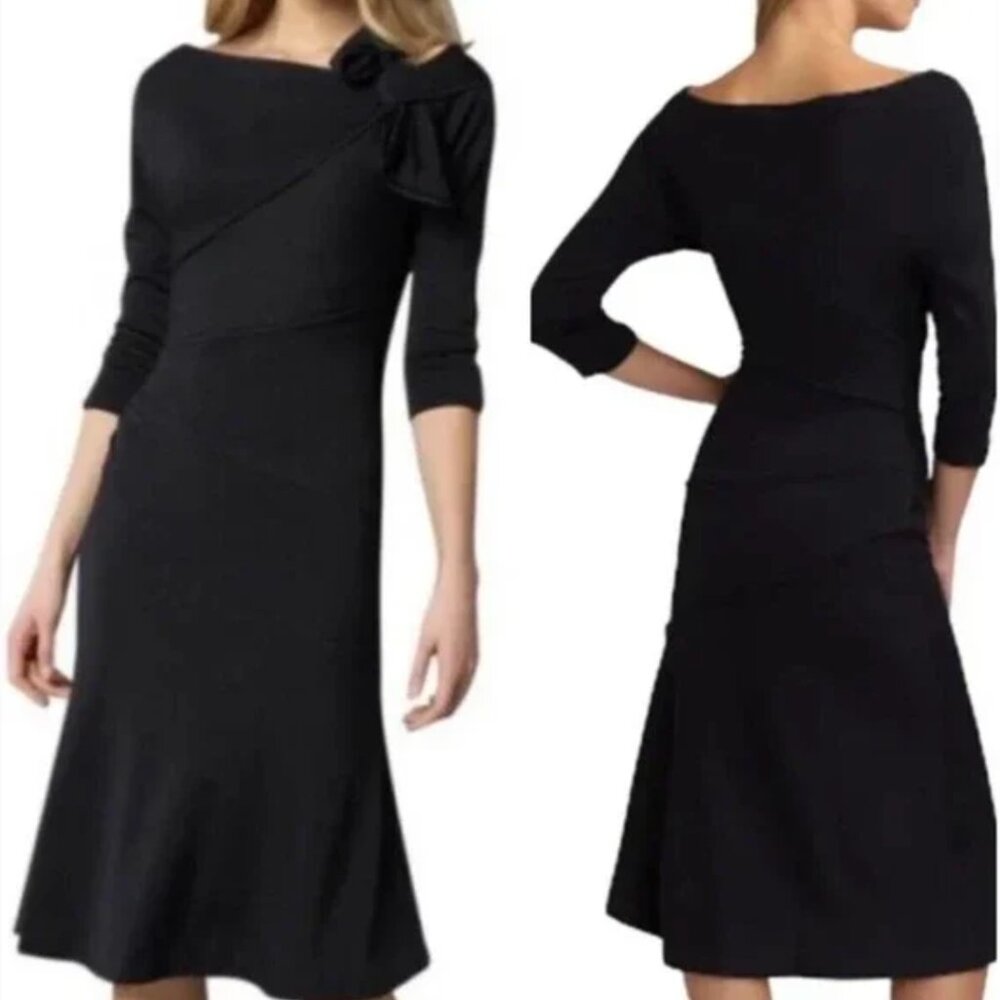Diane von Furstenburg Slater Black Wool Bow Midi Dress 3/4 Sleeves 2